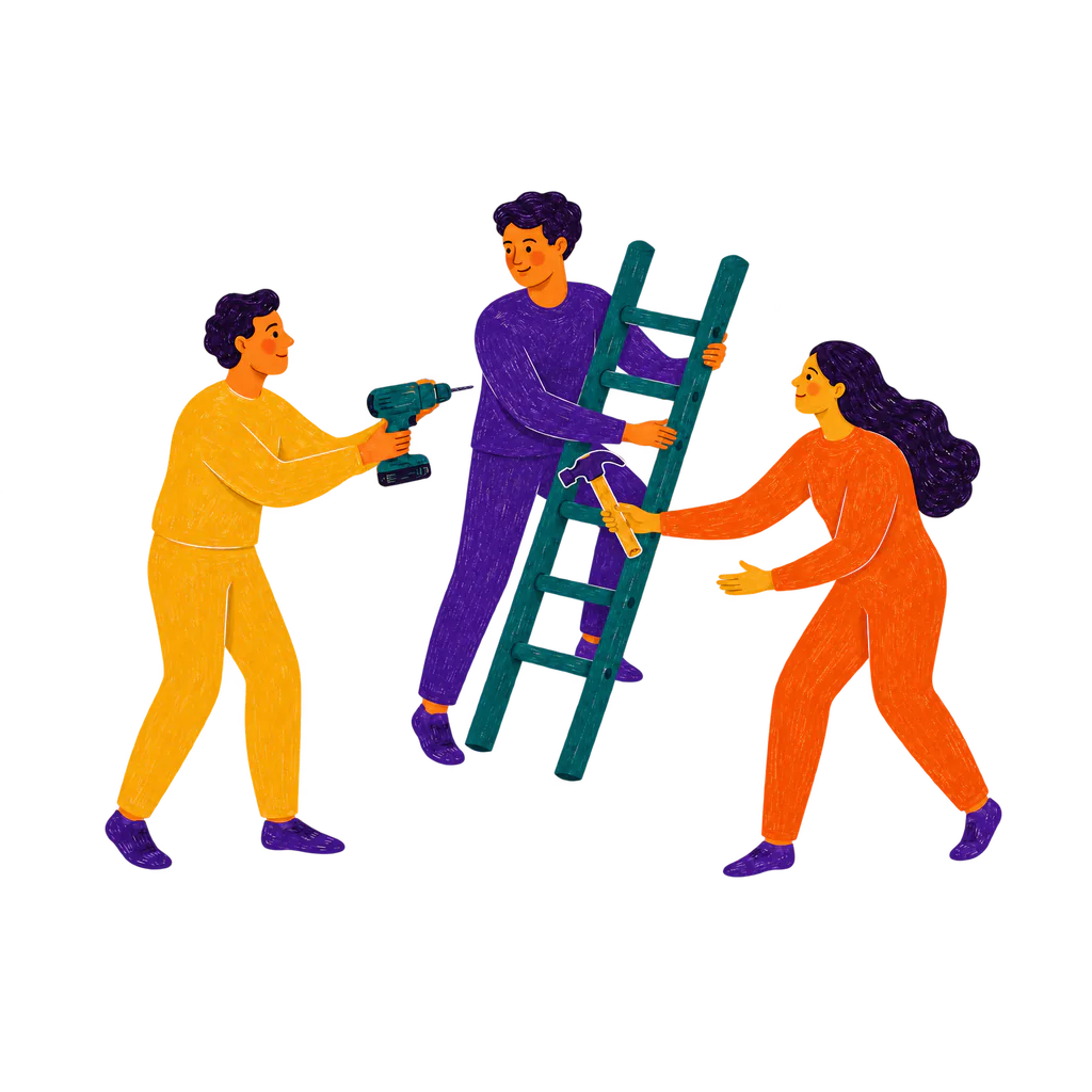 Illustration of neighbours sharing tools and repair equipment.